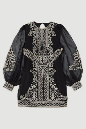 Karen Millen UK SALE Embroidered Organdie Balloon Woven Mini Dress - black