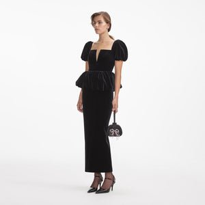 SELF PORTRAIT SS24 Black Velvet Peplum Midi Dress