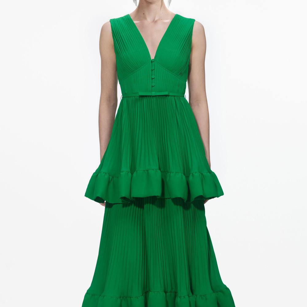 SELF PORTRAIT BLACK FRIDAY SALE Green Tiered Chiffon Midi Dress