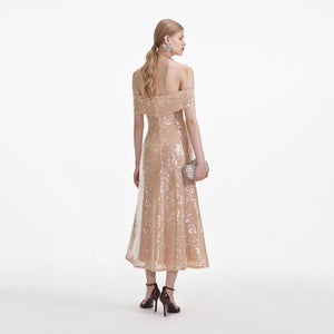 SELF PORTRAIT SS24 Gold Sequin Off Shoulder Midi Dress