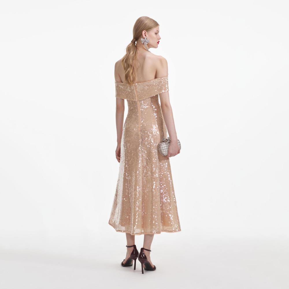 SELF PORTRAIT VIP SS24 Gold Sequin Off Shoulder Midi Dress
