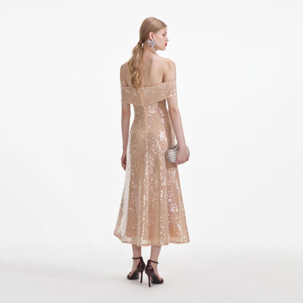 SELF PORTRAIT SS24 Gold Sequin Off Shoulder Midi Dress