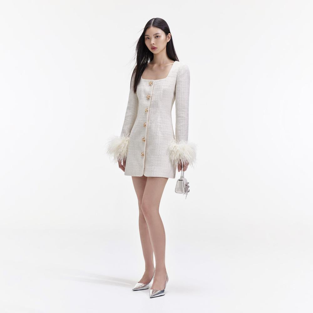 SELF PORTRAIT BLACK FRIDAY SALE Cream Boucle Feather Mini Dress