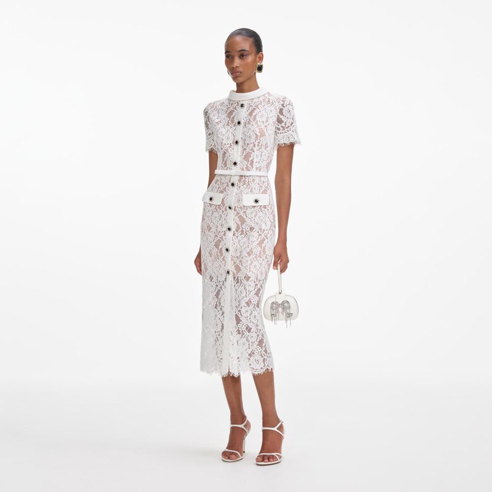 SELF PORTRAIT SS24 White Lace Button Midi Dress