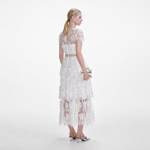 SELF PORTRAIT SS25 VIP PRICE White Embellished Tulle Tiered Midi Dress