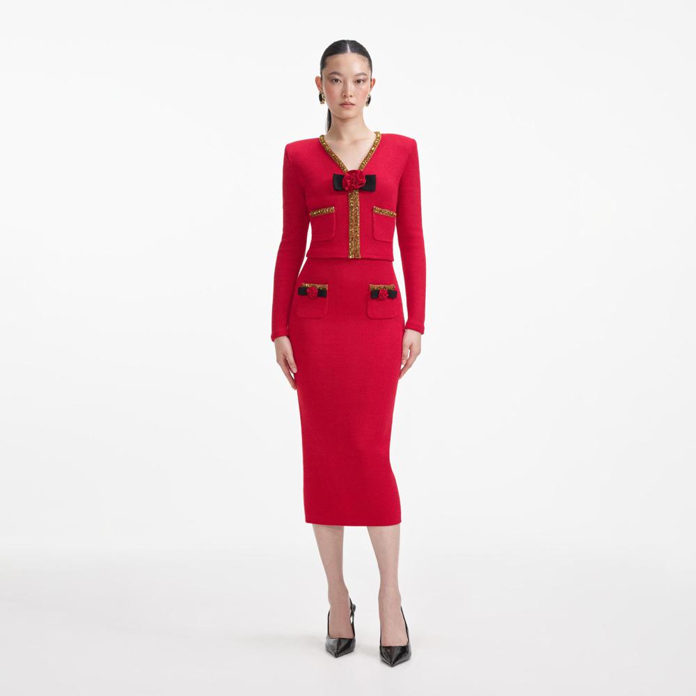 SELF PORTRAIT VIP SS24 Red Textured Knit Corsage Cardigan