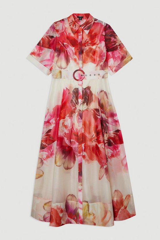 Karen Millen UK SALE Petite Floral Organdie Woven Midi Shirt Dress