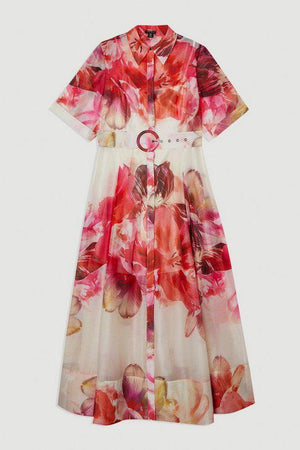 Karen Millen UK SALE Petite Floral Organdie Woven Midi Shirt Dress
