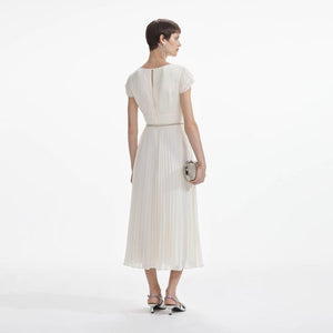 SELF PORTRAIT SS24 Cream Chiffon Pleated Midi Dress