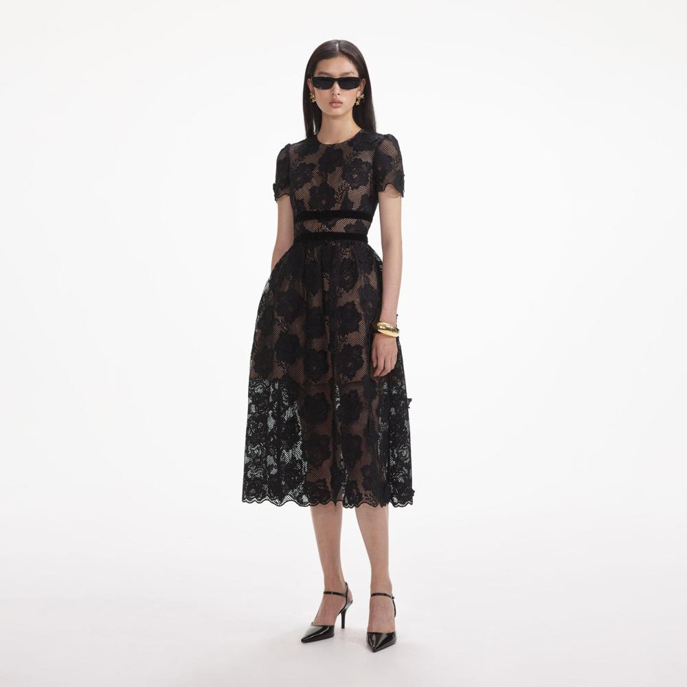 SELF PORTRAIT VIP SS24 Black Lace Velvet Bow Midi Dress