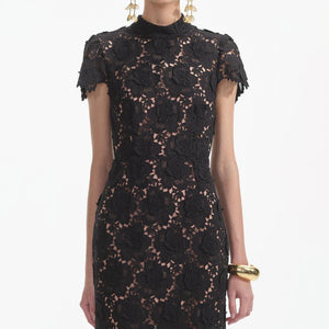 SELF PORTRAIT SS24 Black Flower Lace Midi Dress