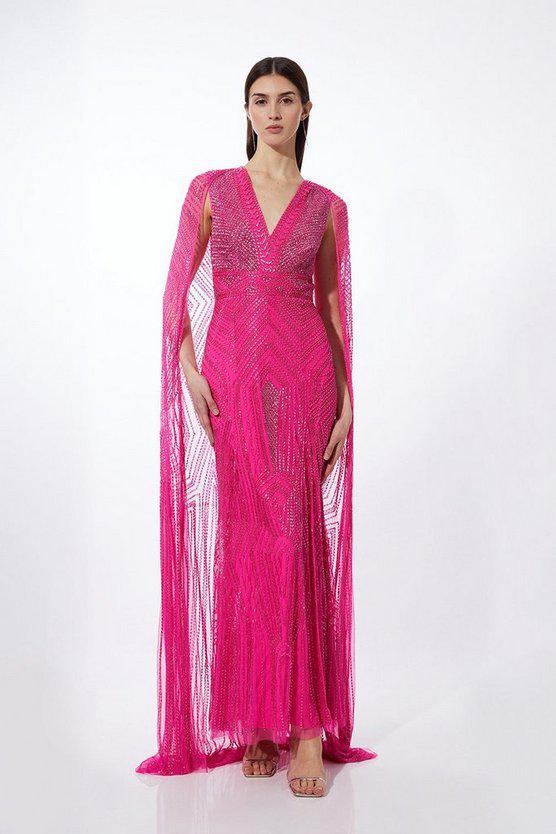 Karen Millen UK SALE Premium Embellished Caped Maxi Dress - hot pink