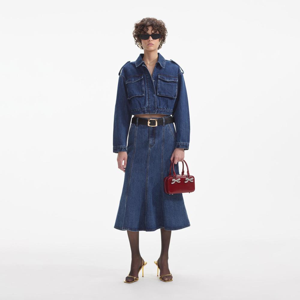 SELF PORTRAIT SS24 Flared Denim Midi Skirt