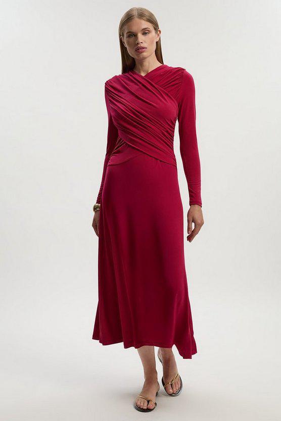 Karen Millen UK SALE Ruched Jersey Crepe Midi Dress - raspberry