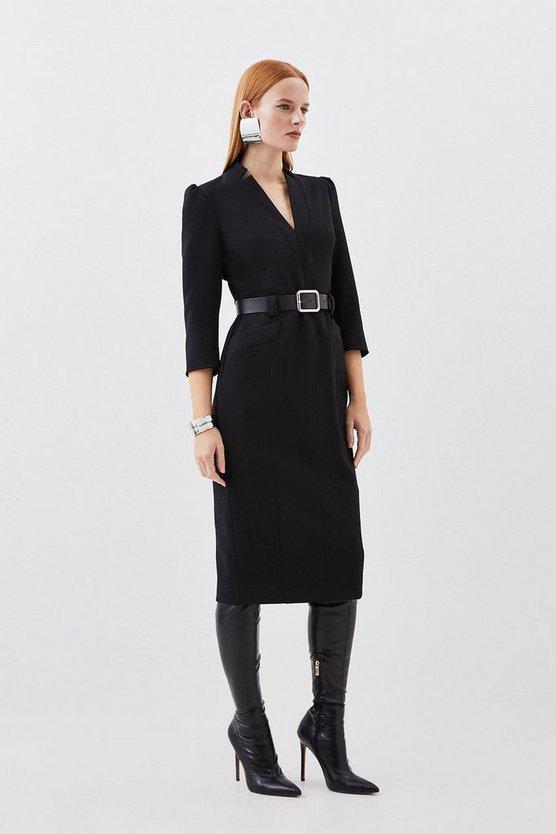 Karen Millen UK SALE Compact Stretch Tailored Forever Belted Midi Dress - black