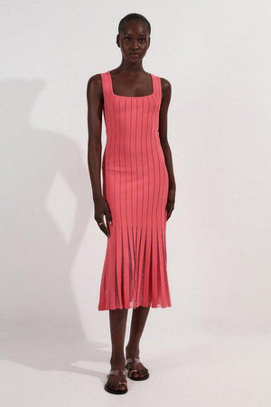 Karen Millen UK SALE Tall Compact Stretch Square Neck Knitted Flippy Dress - coral