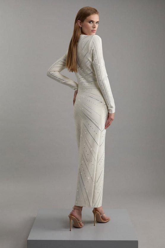 Karen Millen UK SALE Figure Form Bandage Knit All Over Embellished Maxi Dress - cream