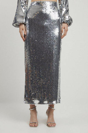 Karen Millen UK SALE Sequin Front Split Woven Midi Skirt - silver