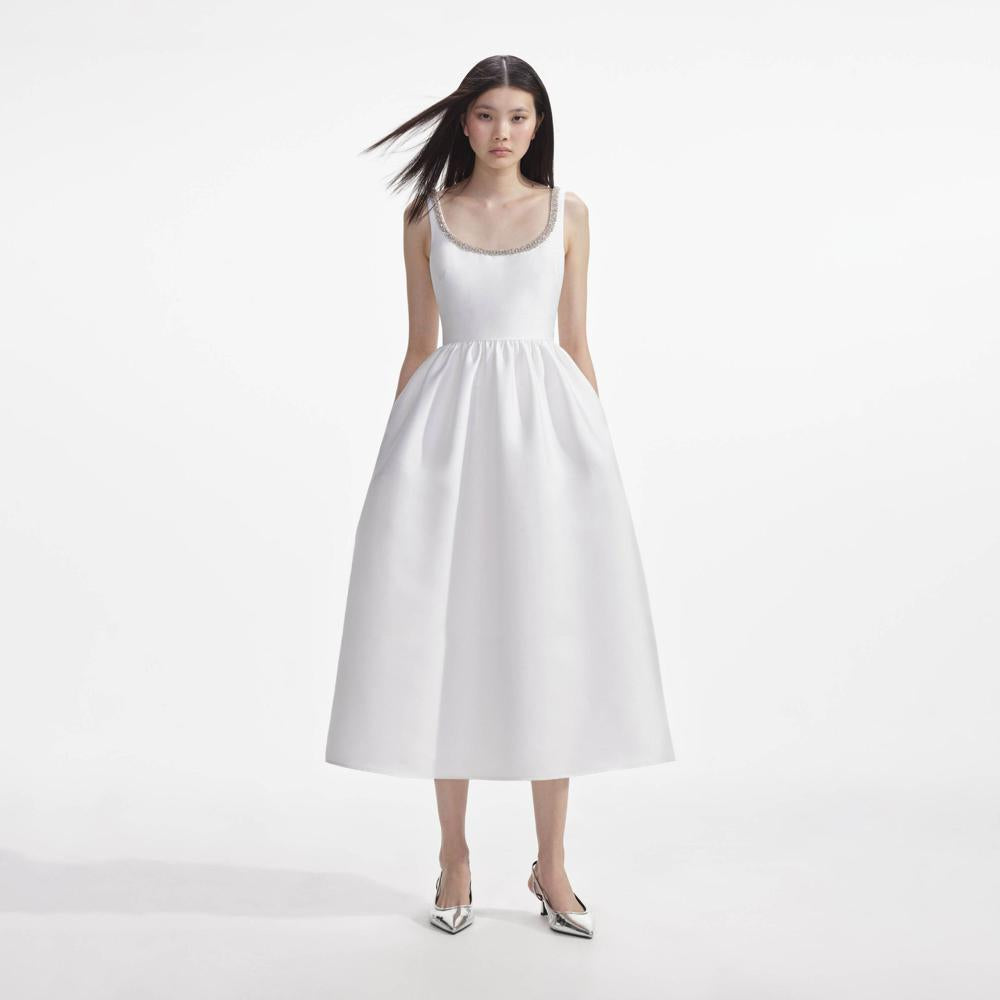 SELF PORTRAIT SS24 White Taffeta Diamante Midi Dress