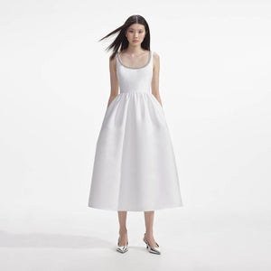 SELF PORTRAIT SS24 White Taffeta Diamante Midi Dress