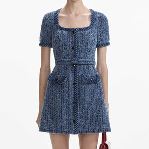 SELF PORTRAIT SS24 Textured Denim Short Sleeve Mini Dress