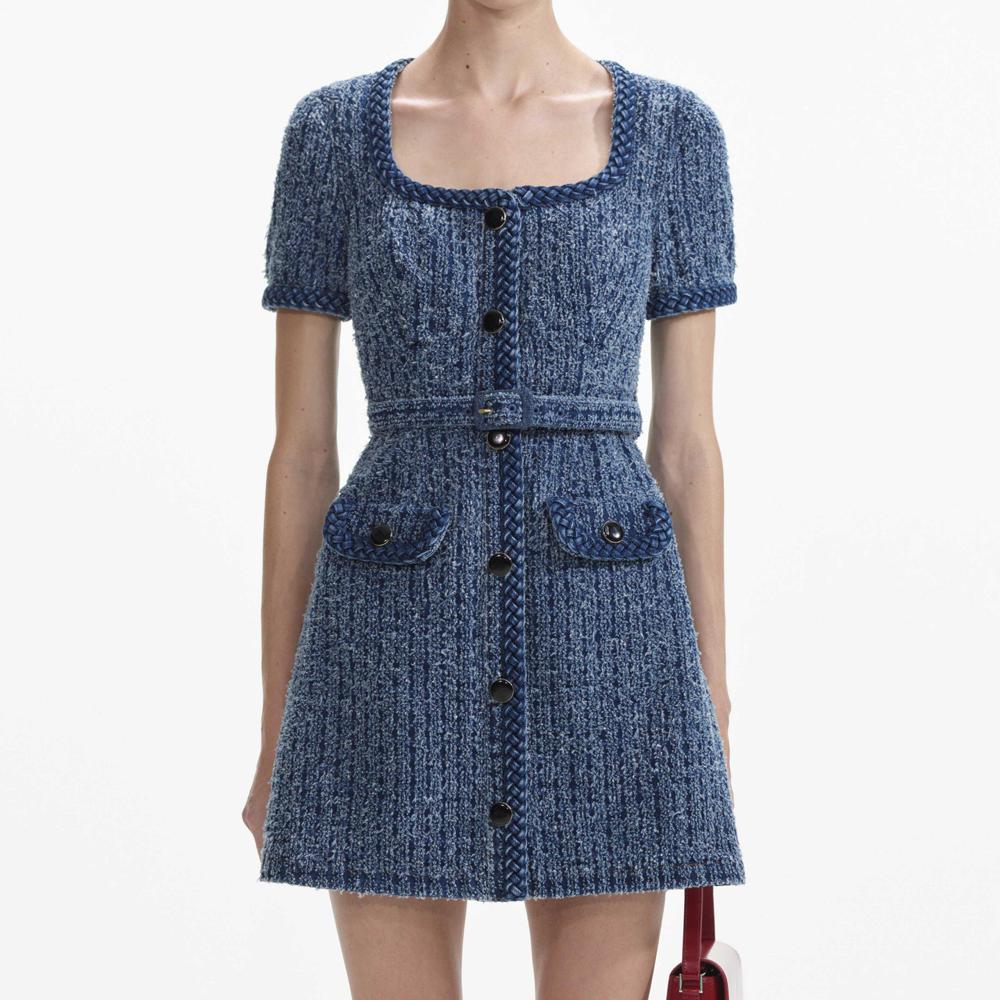 SELF PORTRAIT SS24 Textured Denim Short Sleeve Mini Dress