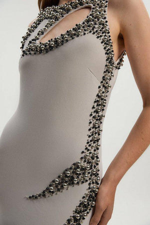 Karen Millen UK SALE Embellished Figure Form Bandage Sleeveless Knit Maxi Dress - pale grey