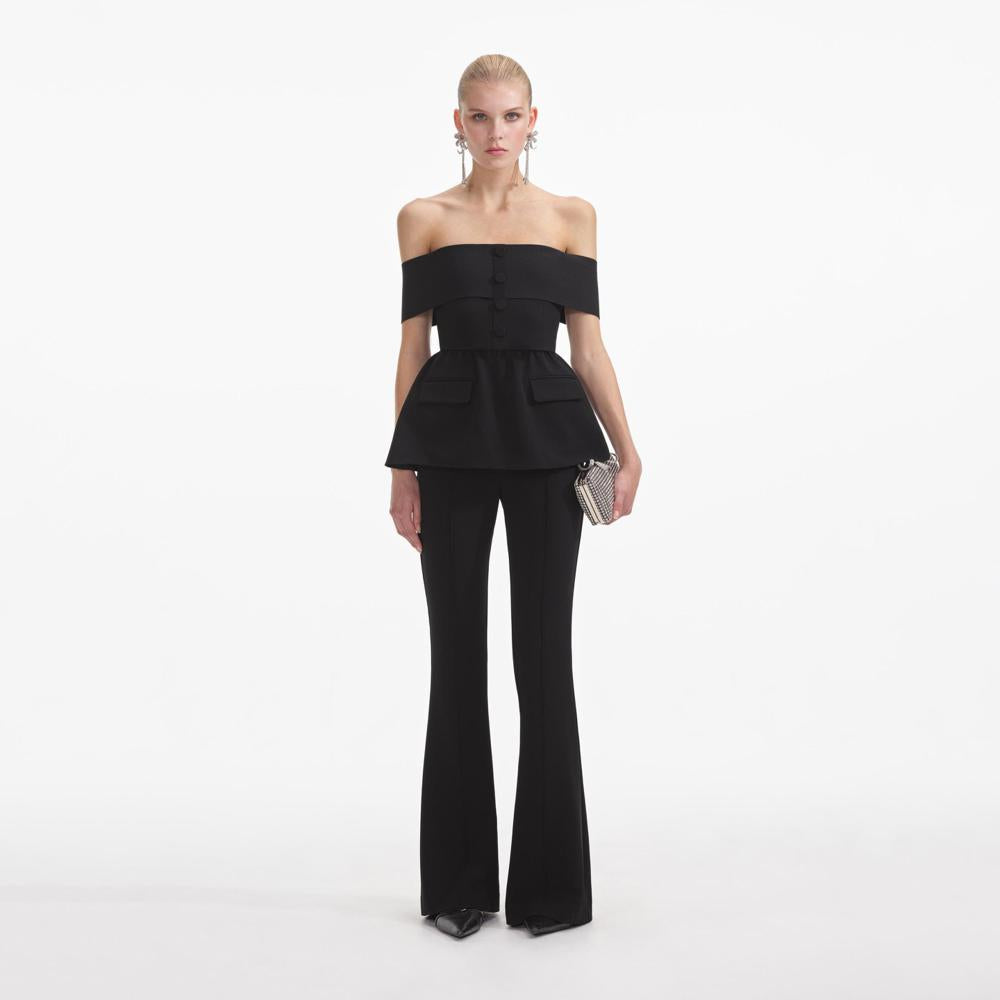 SELF PORTRAIT SS24 Black Crepe Off Shoulder Jumpsuit