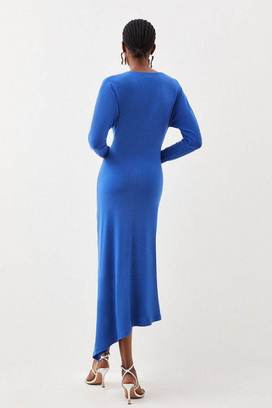 Karen Millen UK SALE Jersey Crepe Ruched Long Sleeve Midi Dress - cobalt