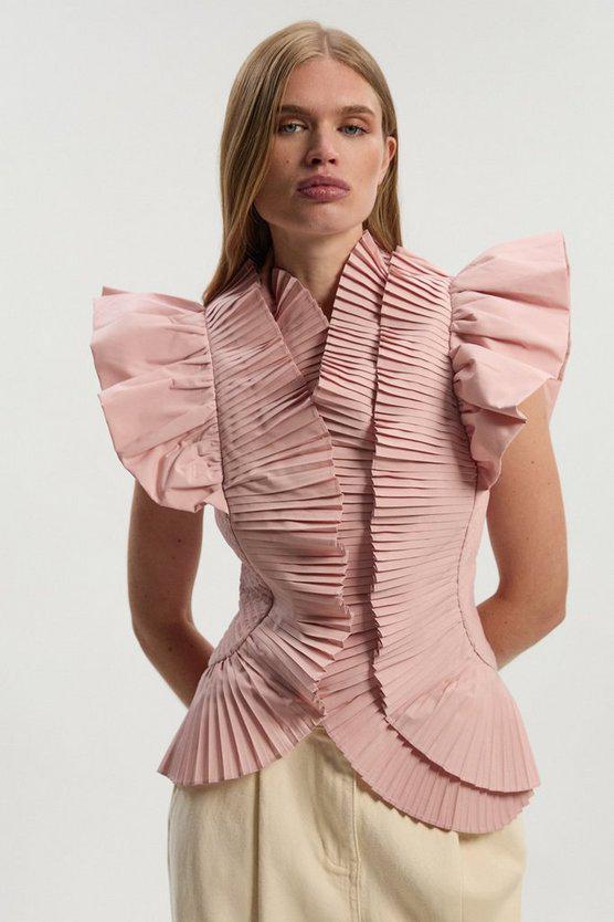 Karen Millen UK SALE Pleated Ruffle Sleeve Woven Top - blush
