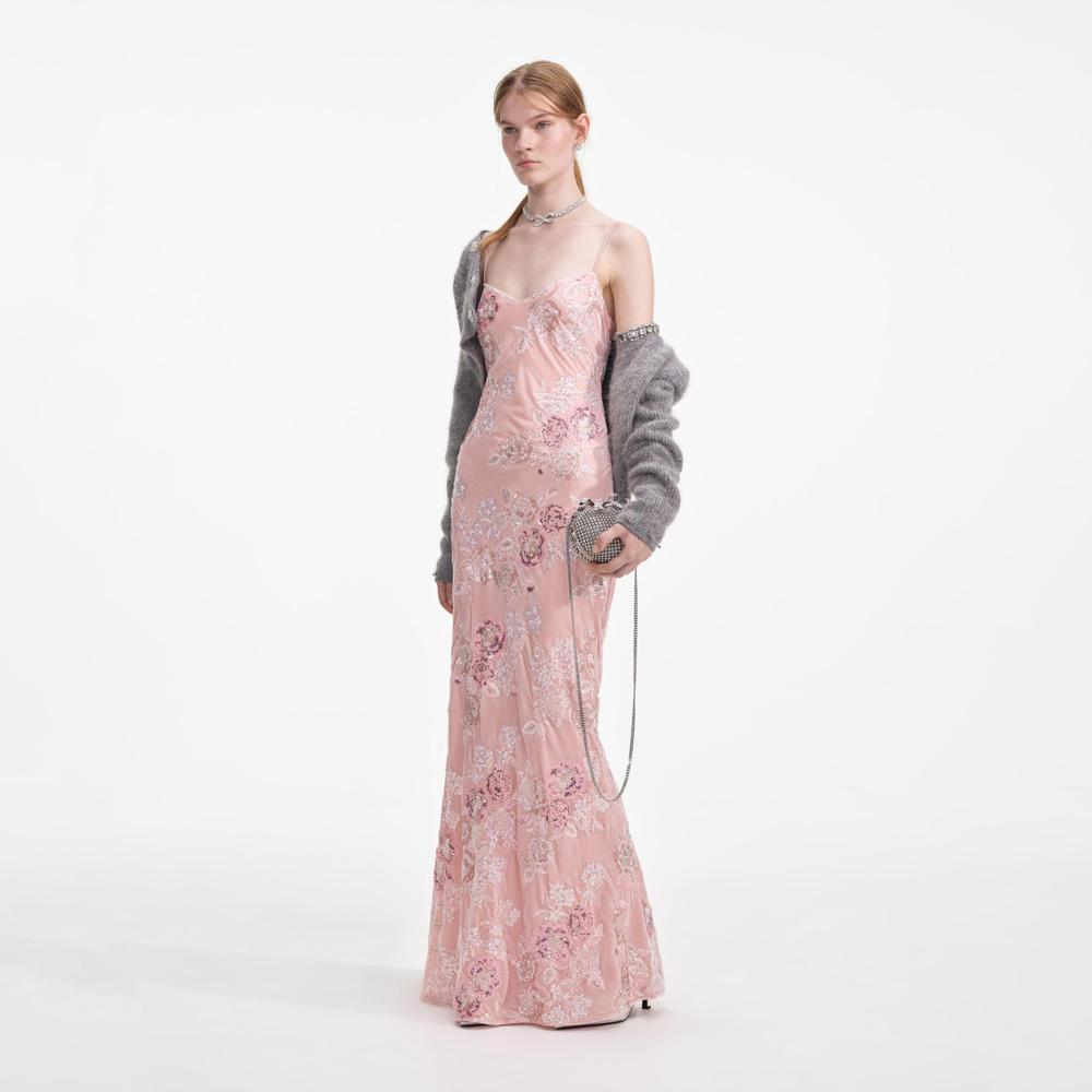 SELF PORTRAIT SS24 Pink Embellished Velvet Maxi Dress