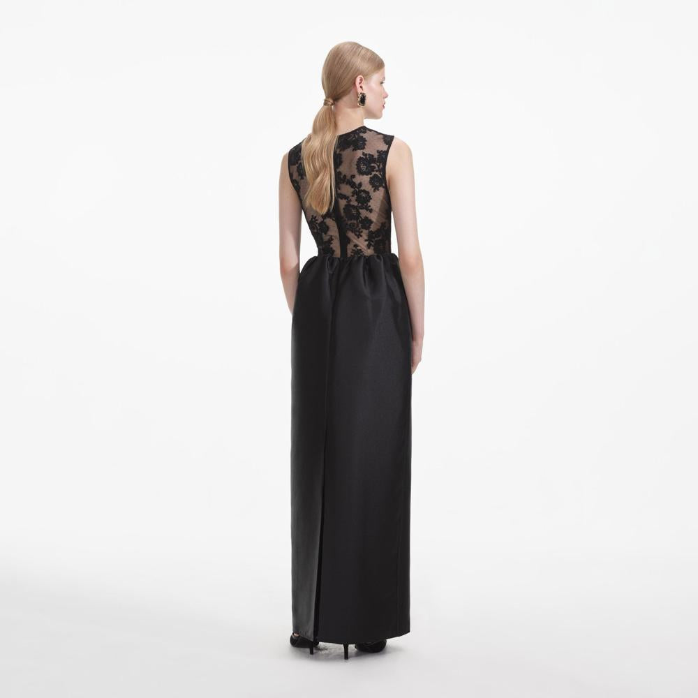 SELF PORTRAIT SS24 Black Lace Taffeta Maxi Dress