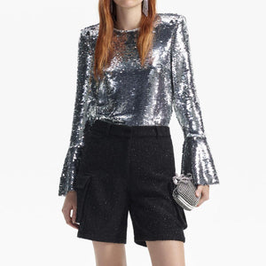 SELF PORTRAIT BLACK FRIDAY SALE Silver Sequin Flared Sleeve Top