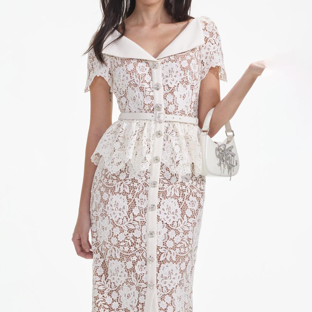 SELF PORTRAIT SS24 Cream Lace Peplum Midi Dress