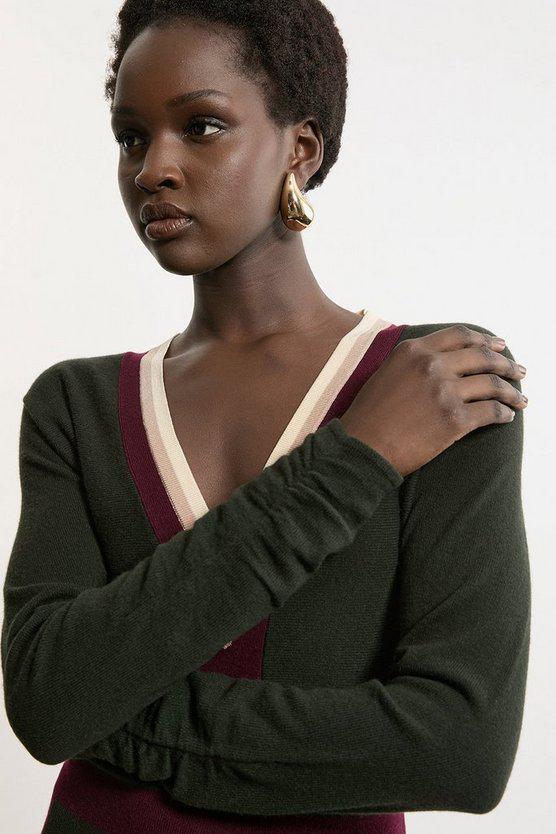 Karen Millen UK SALE Wool Blend With Cashmere V Neck Colour Block Dress - olive