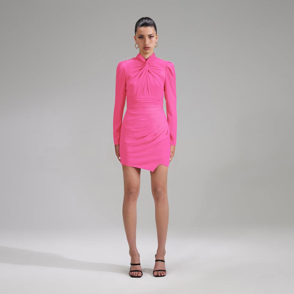 SELF PORTRAIT BLACK FRIDAY SALE Pink Stretch Crepe Twisted Collar Mini Dress