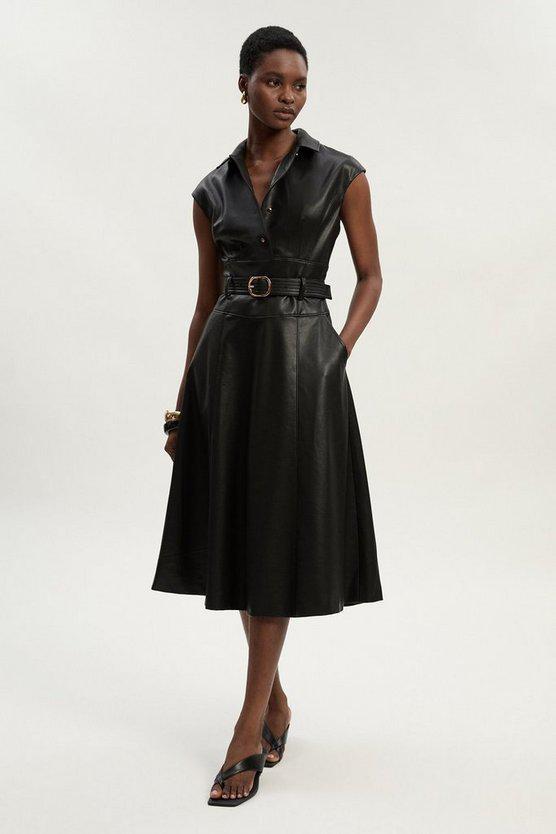 Karen Millen UK SALE Faux Leather Belted Midi Dress - black