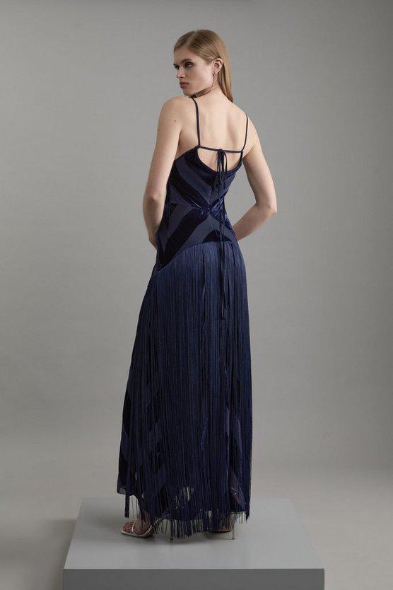 Karen Millen UK SALE Tall Fringed Velvet Devore Woven Maxi Dress