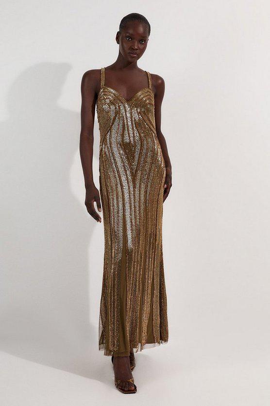 Karen Millen UK SALE Beaded Contour Sweet Heart Neckline Woven Maxi Dress - gold