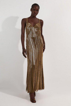 Karen Millen UK SALE Beaded Contour Sweet Heart Neckline Woven Maxi Dress - gold