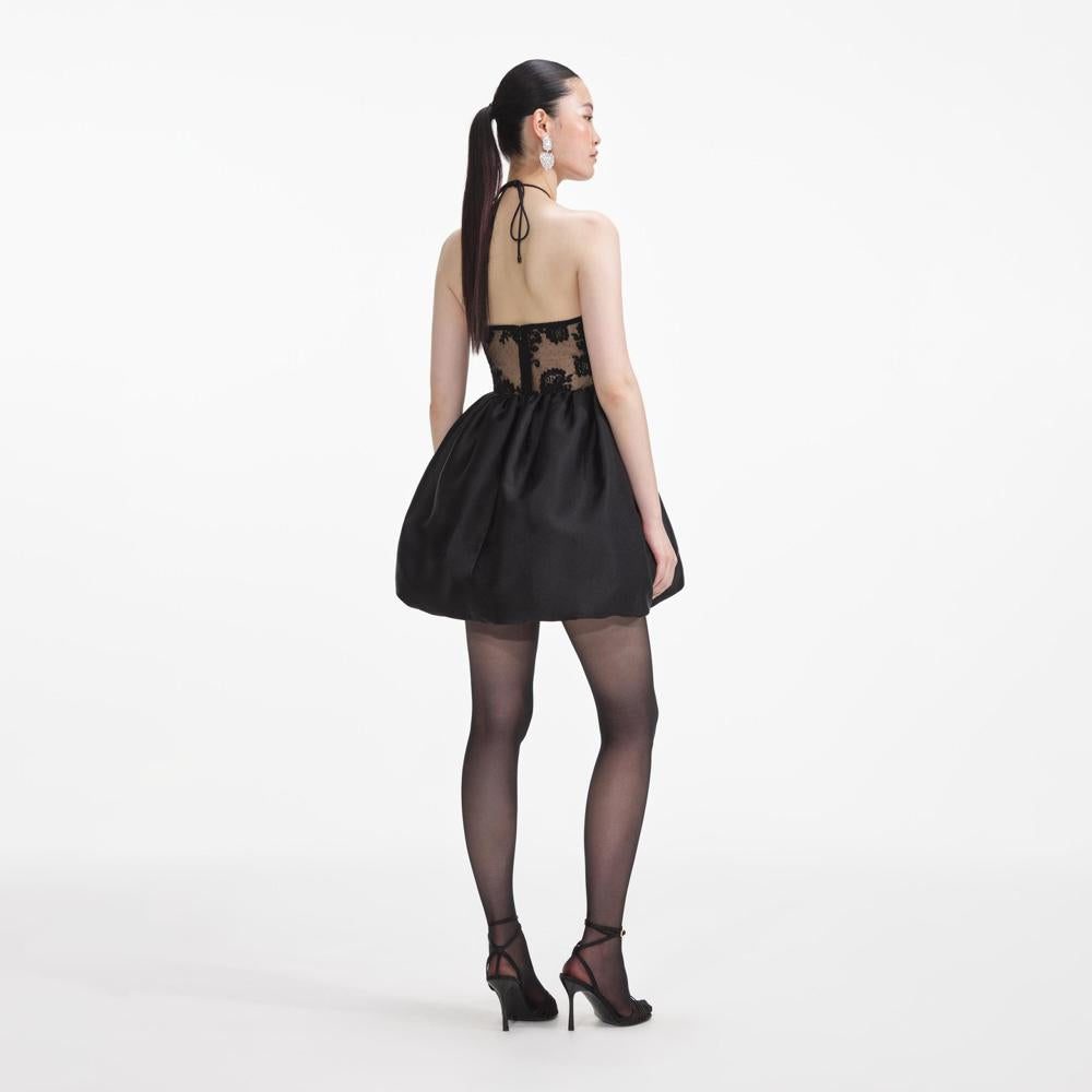 SELF PORTRAIT SS24 Black Taffeta Halterneck Mini Dress