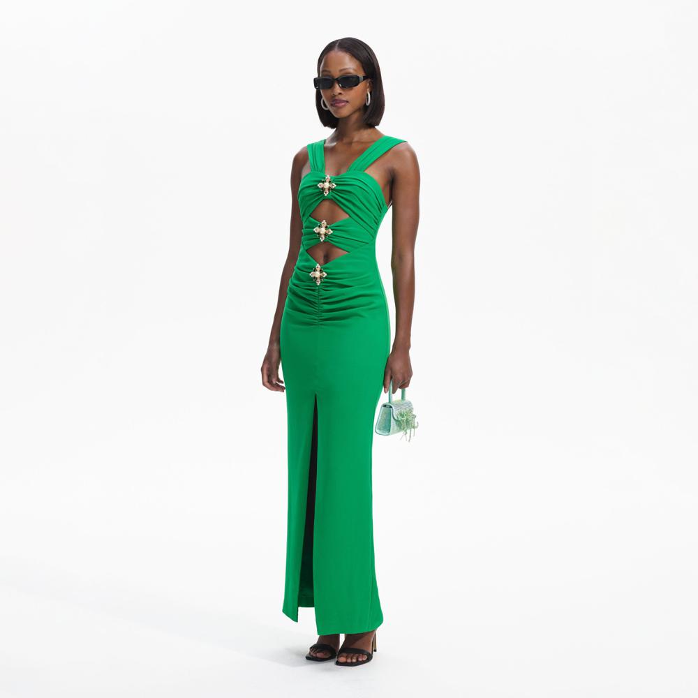 SELF PORTRAIT BLACK FRIDAY SALE Green Crepe Cut-Out Maxi Dress