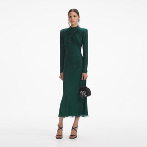 SELF PORTRAIT SS24 Green Rhinestone Mesh Midi Dress