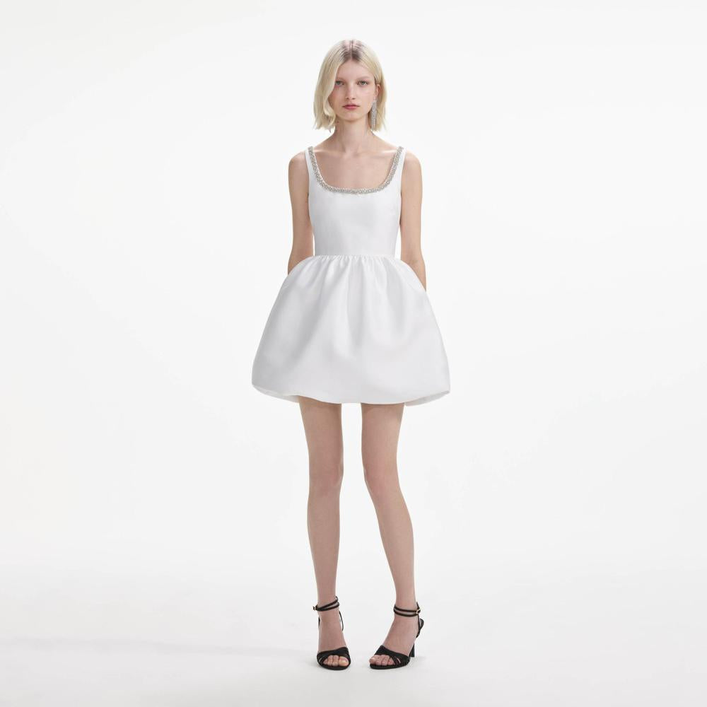 SELF PORTRAIT SS24 White Taffeta Diamante Mini Dress