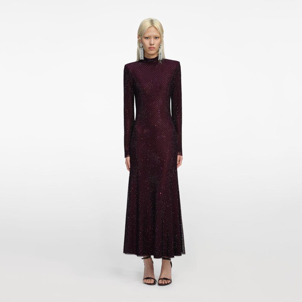 SP VIP PRICE Burgundy Rhinestone Fishnet Midi Dress