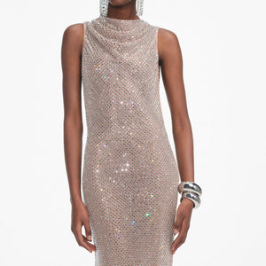 SP VIP PRICE Silver Rhinestone Drape Maxi Dress