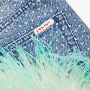 SELF PORTRAIT BLACK FRIDAY SALE Blue Rhinestone Feather Denim Skirt