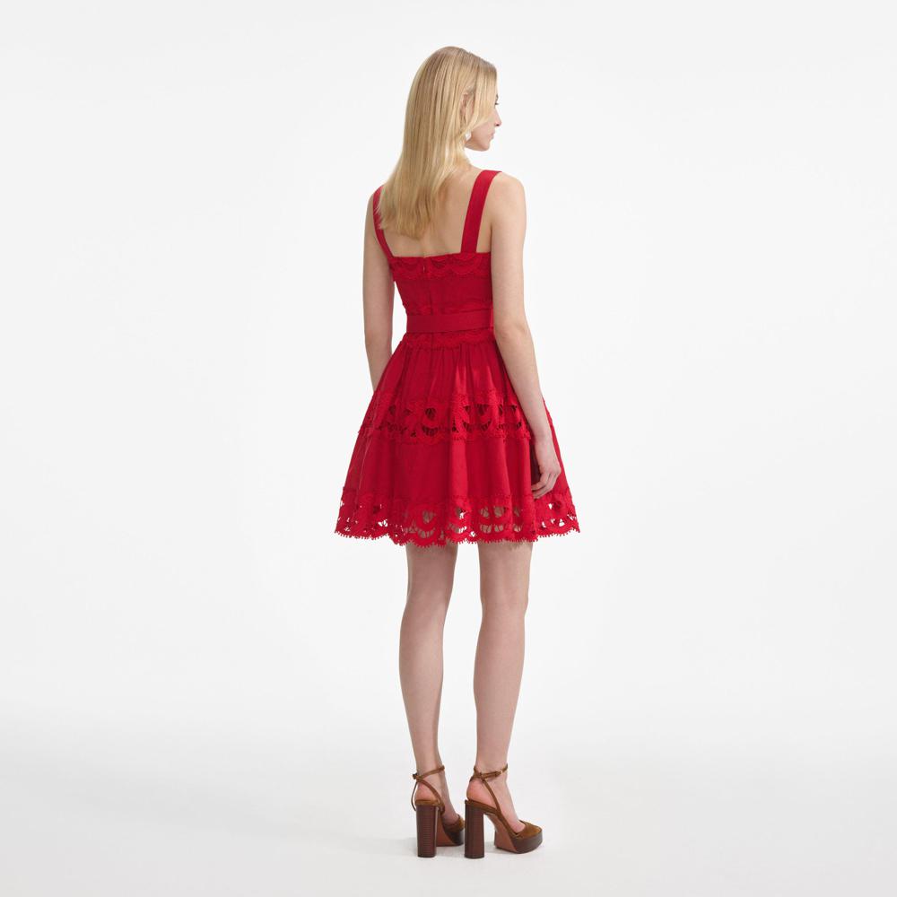SP VIP PRICE Red Linen Lace Insert Mini Dress