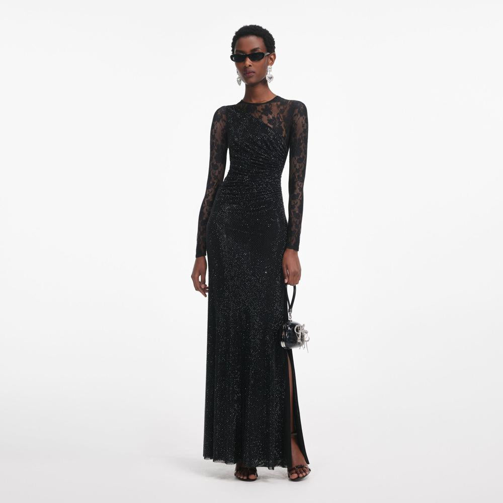 SP VIP PRICE Black Rhinestone Lace Sleeves Maxi Dress