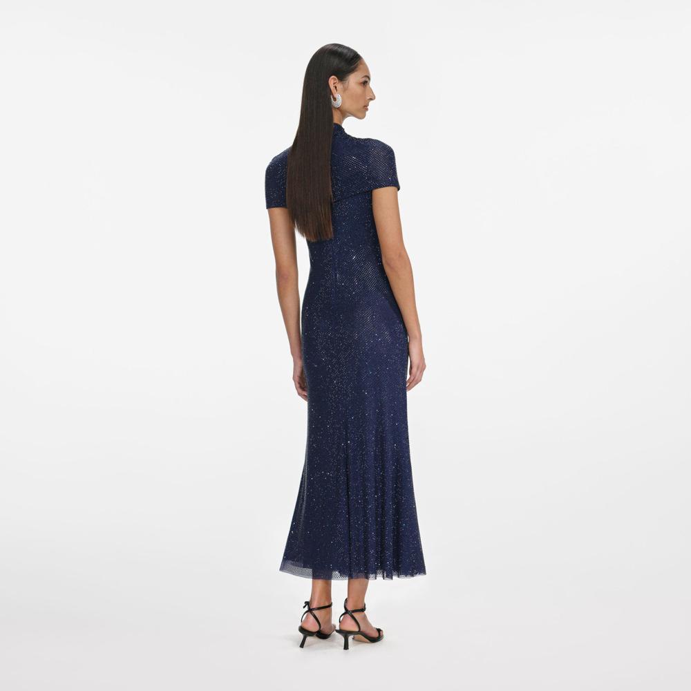 SP VIP PRICE Navy Rhinestone Mesh Cut Out Midi Dress